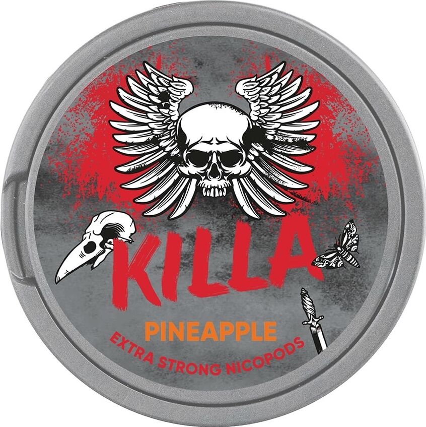 KILLA Pineapple 16g nicotine pouches — 12.8mg ultra-strong fresh-cut pineapple tropical, NGP Empire Scandinavia, tobacco-free, no cooling, 20 slim pouches