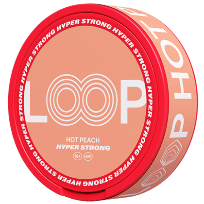 LOOP Hot Peach Hyper Strong nicotine pouch can — gamma-decalactone warm peach capsaicin TRPV1 heat Hyper Strong tobacco-free InstantRush PlantCan Another Factory AB Sweden