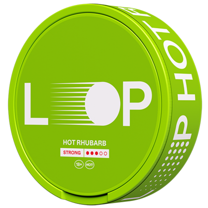 LOOP Hot Rhubarb Strong nicotine pouch can — oxalic acid rhubarb tartness beta-ionone floral capsaicin TRPV1 heat Strong tobacco-free InstantRush PlantCan Another Factory AB Sweden