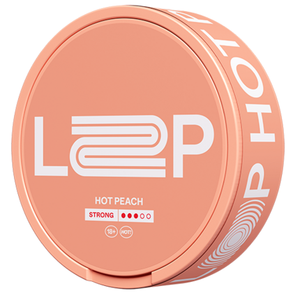 LOOP Hot Peach Strong nicotine pouch can — gamma-decalactone warm peach capsaicin TRPV1 heat Strong tobacco-free InstantRush PlantCan Another Factory AB Sweden