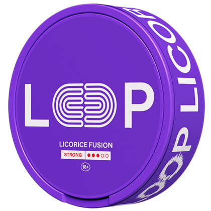 LOOP Licorice Fusion Strong nicotine pouch can — salmiak licorice glycyrrhizin anethole ammonium chloride raspberry Strong tobacco-free InstantRush PlantCan Another Factory AB Sweden