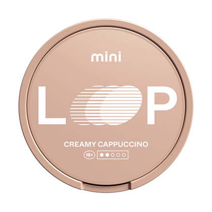 LOOP Creamy Cappuccino Mini nicotine pouch can — roasted espresso pyrazines milk foam diacetyl hazelnut filbertone Strong Mini format tobacco-free InstantRush PlantCan Another Factory AB Sweden