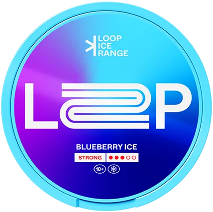 LOOP Blueberry Ice Strong nicotine pouch can — sweet blueberry linalool menthol TRPM8 cold Strong tobacco-free InstantRush PlantCan Another Factory AB Sweden