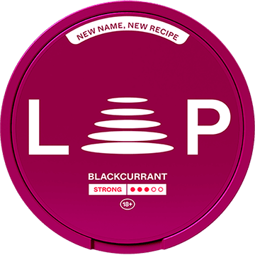 LOOP Blackcurrant Strong nicotine pouch can — 4MMP dark blackcurrant Strong tobacco-free no menthol no ice InstantRush PlantCan Another Factory AB Sweden