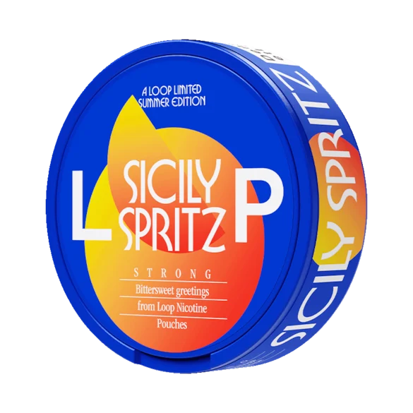 LOOP Sicily Spritz Strong Summer Edition nicotine pouch can — Sicilian blood orange limonene elderflower linalool aperitif gentian bitter Strong tobacco-free InstantRush PlantCan Another Factory AB Sweden 2026