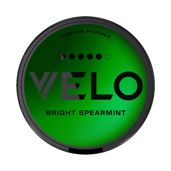 VELO Bright Spearmint 14mg nicotine pouches can — Extra Strong clean sweet spearmint slim format